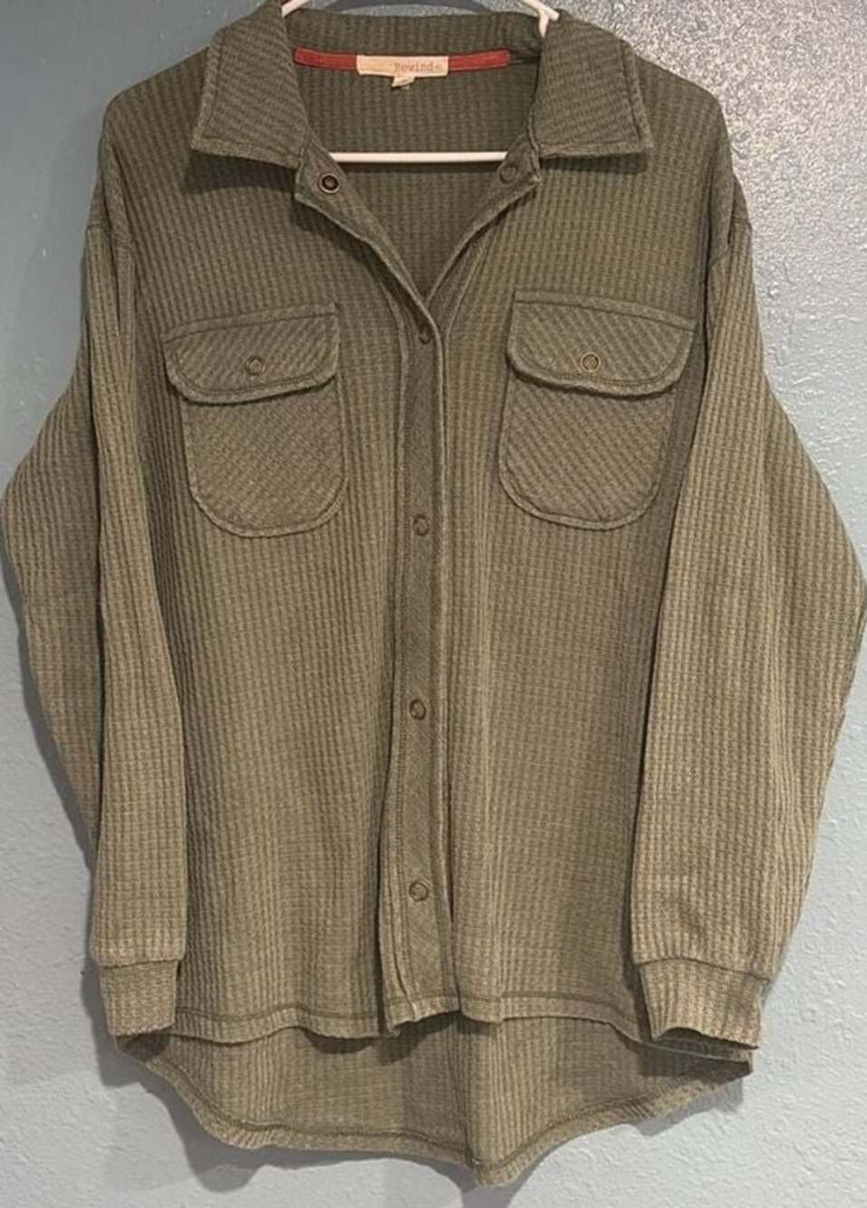 Rewind Women's Olive Green Waffle Knit Button-Down Shirt Jacket